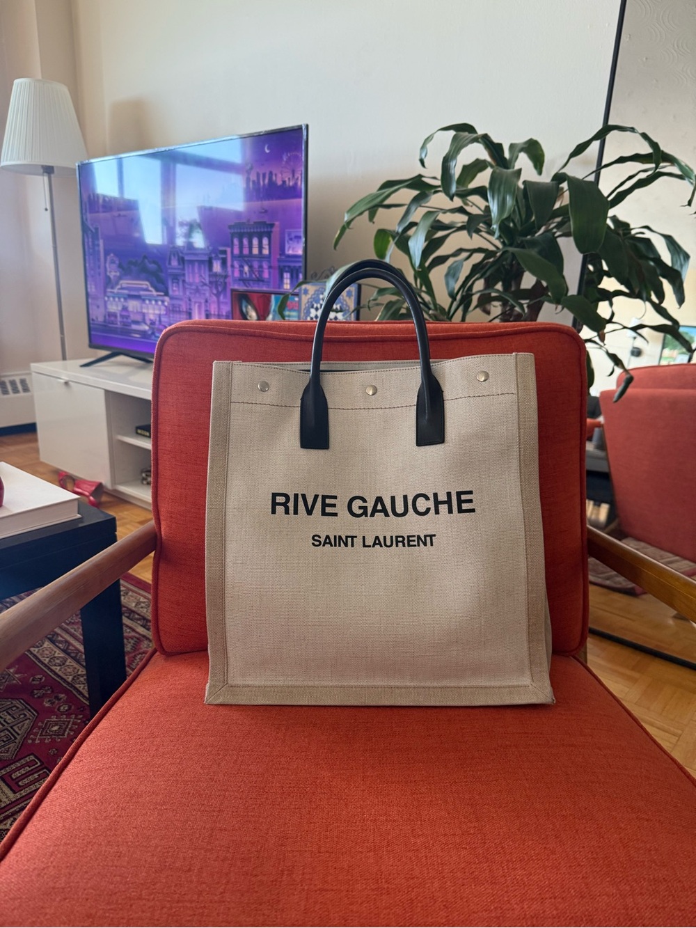 Saint Laurent Beige Canvas 'Rive Gauche' Tote with Black Handles